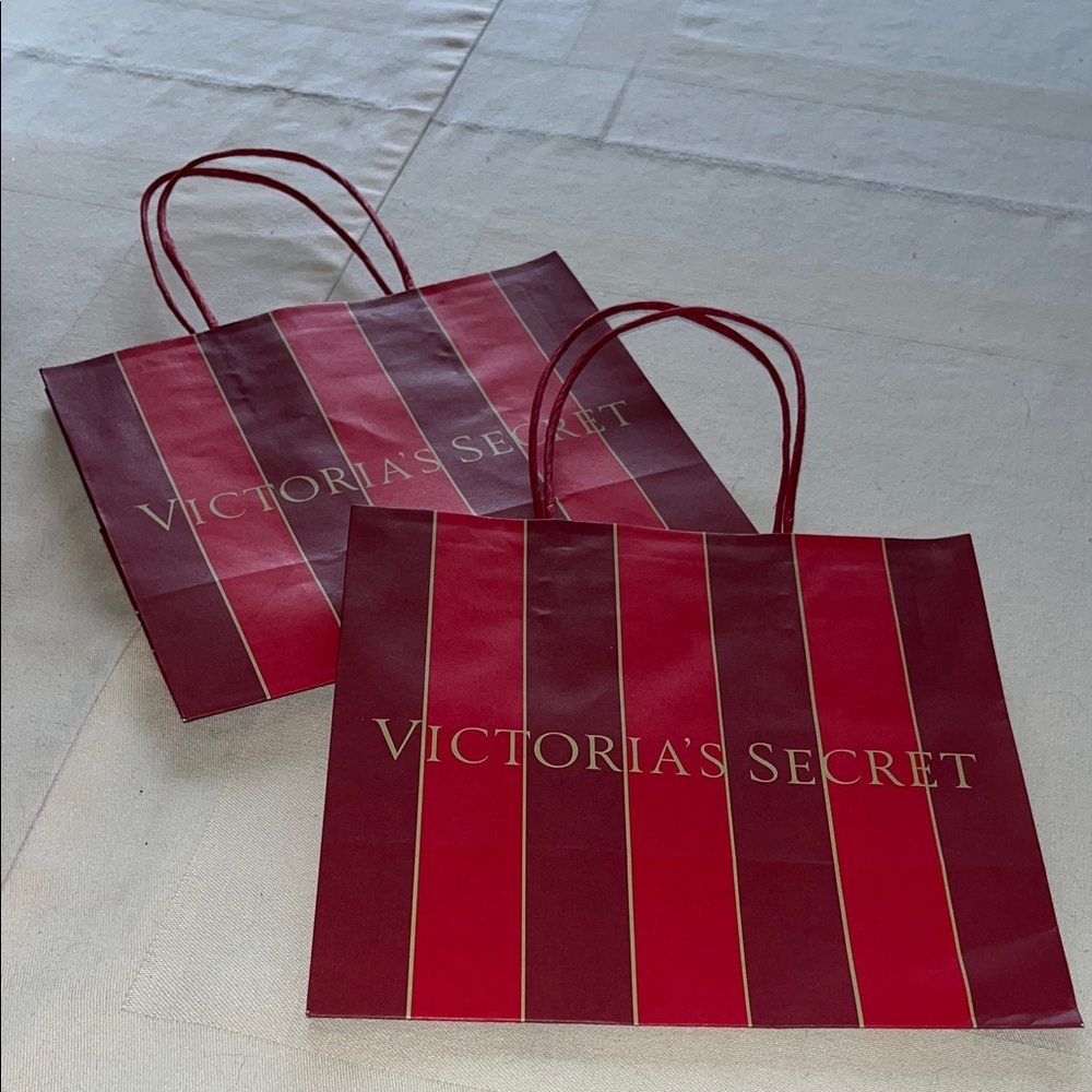 Two Victoria's Secret Burgundy and Gold Striped Bags